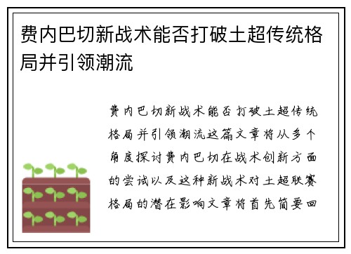 费内巴切新战术能否打破土超传统格局并引领潮流